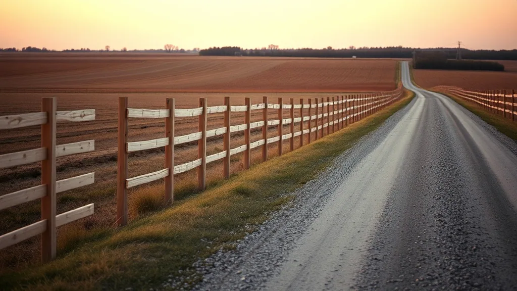 A new rail fence running away along the edge of a gravel road at dusk, ploughed fields beyond it.