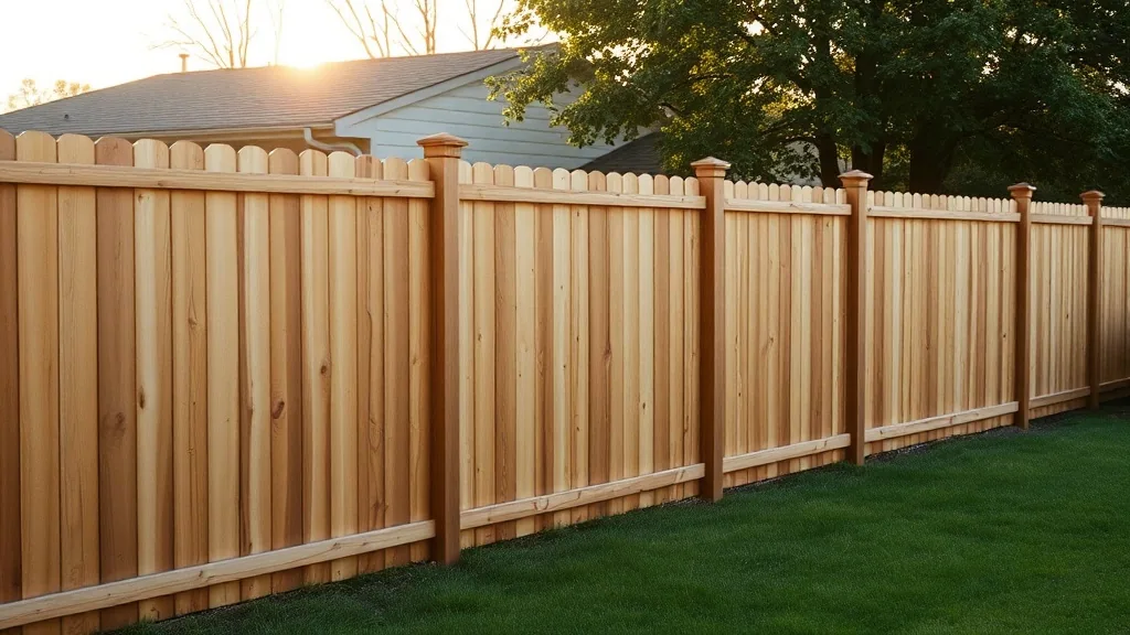 A finished cedar privacy fence running along a back property line in low golden light, boards even and post caps on.