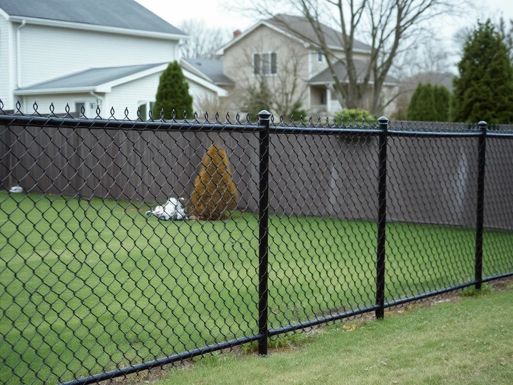 A black vinyl coated chain link fence around a back yard, line posts and top rail visible against grass.