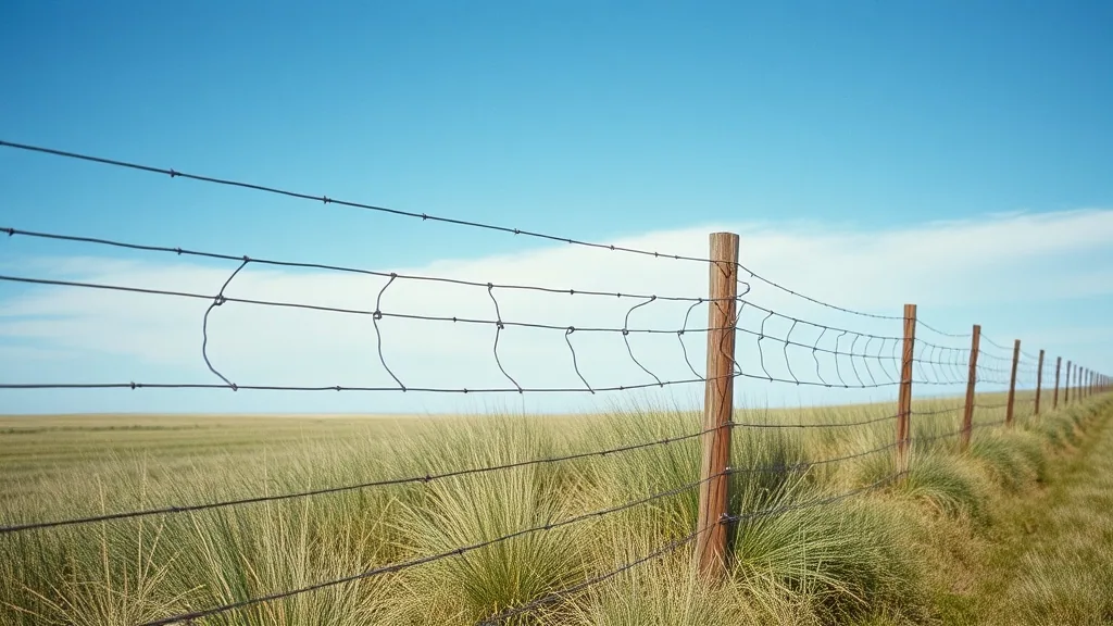 A wire farm fence with a braced wooden post running away across open grassland under a clear sky.