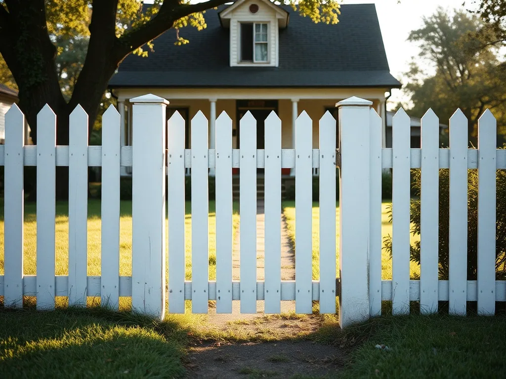 A white painted picket fence across a front yard with the gate standing open onto a path.