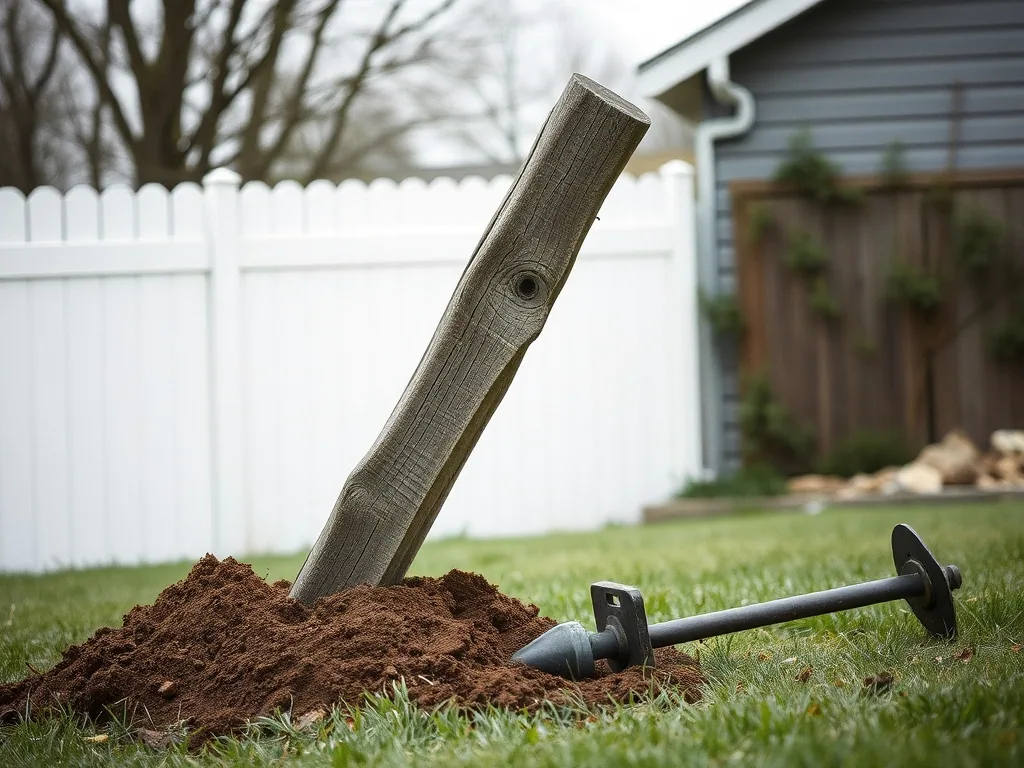 A leaning grey fence post pulled out of the ground beside a mound of fresh soil and a post hole auger lying on the grass.