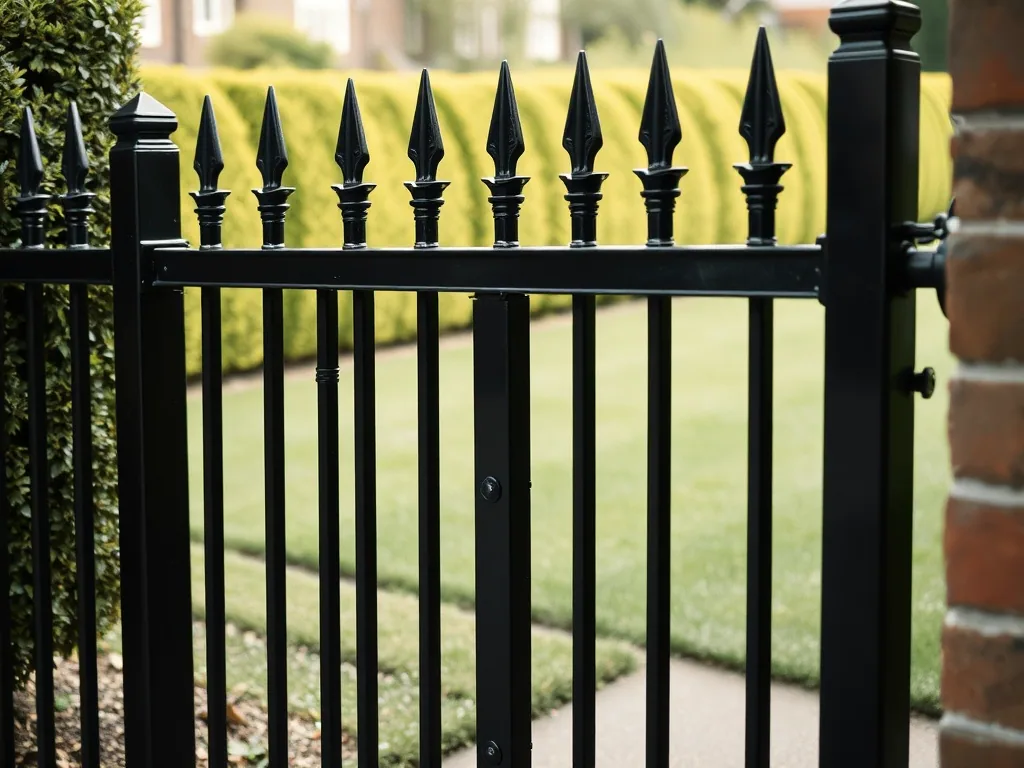 A black powder coated ornamental steel fence and gate with spear tops, shot at a shallow angle.