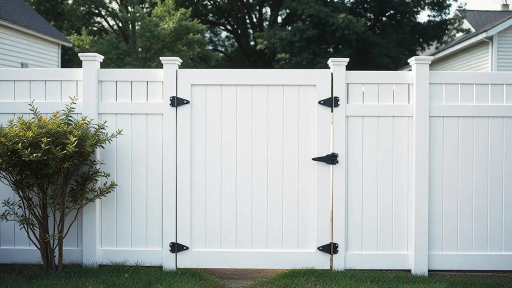A white vinyl privacy fence with a closed gate, shot down the line so the panel joints and hinges read.